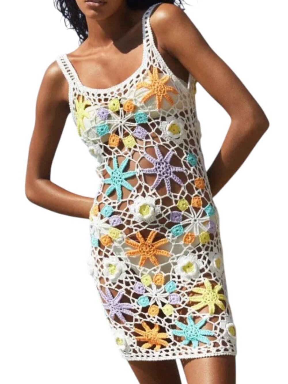 Debut Crochet Floral Cover-Up Dress in White with Multicolor Accents